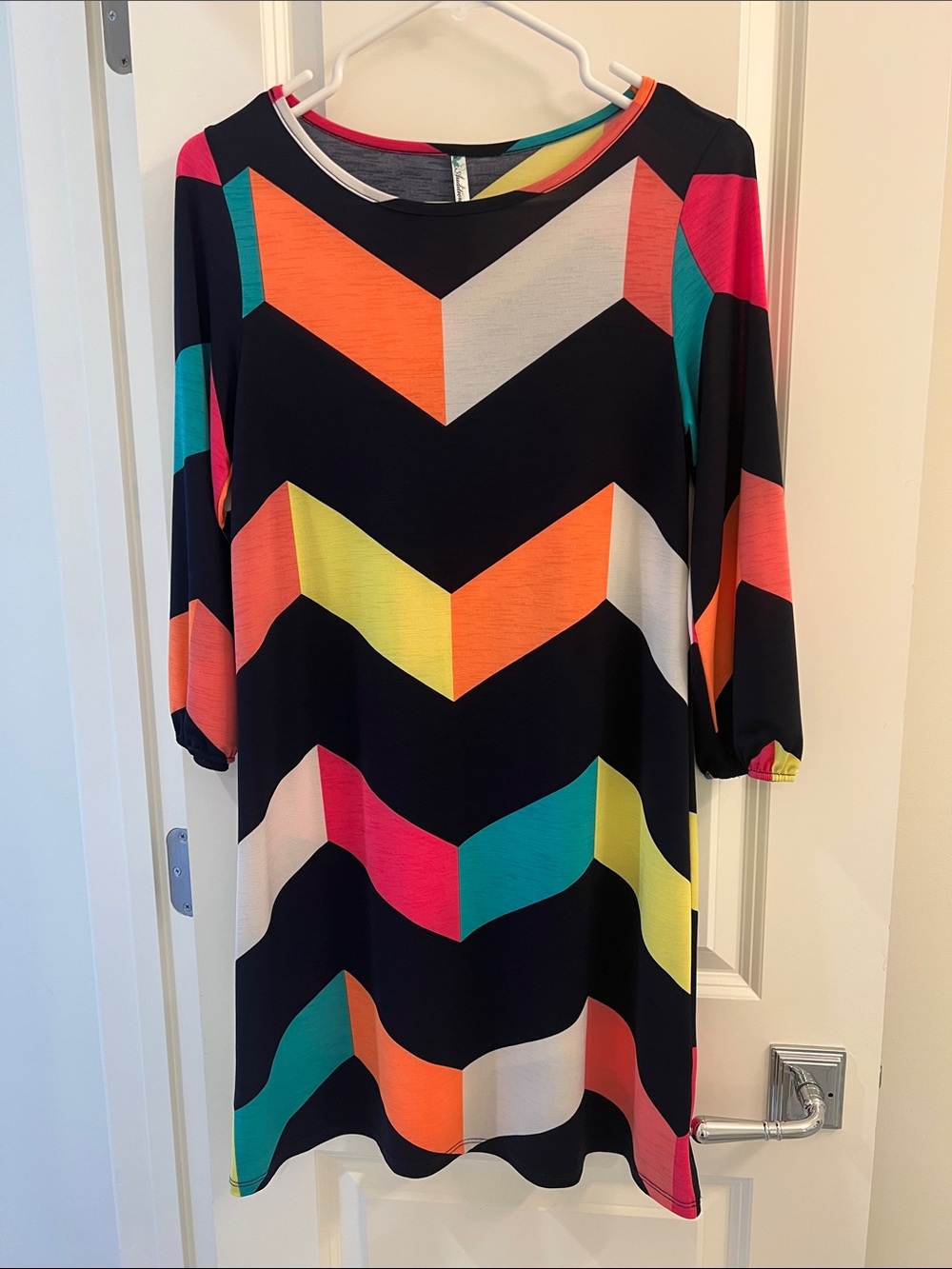 Auditions Black Mini Dress with Neon Chevron Stripes